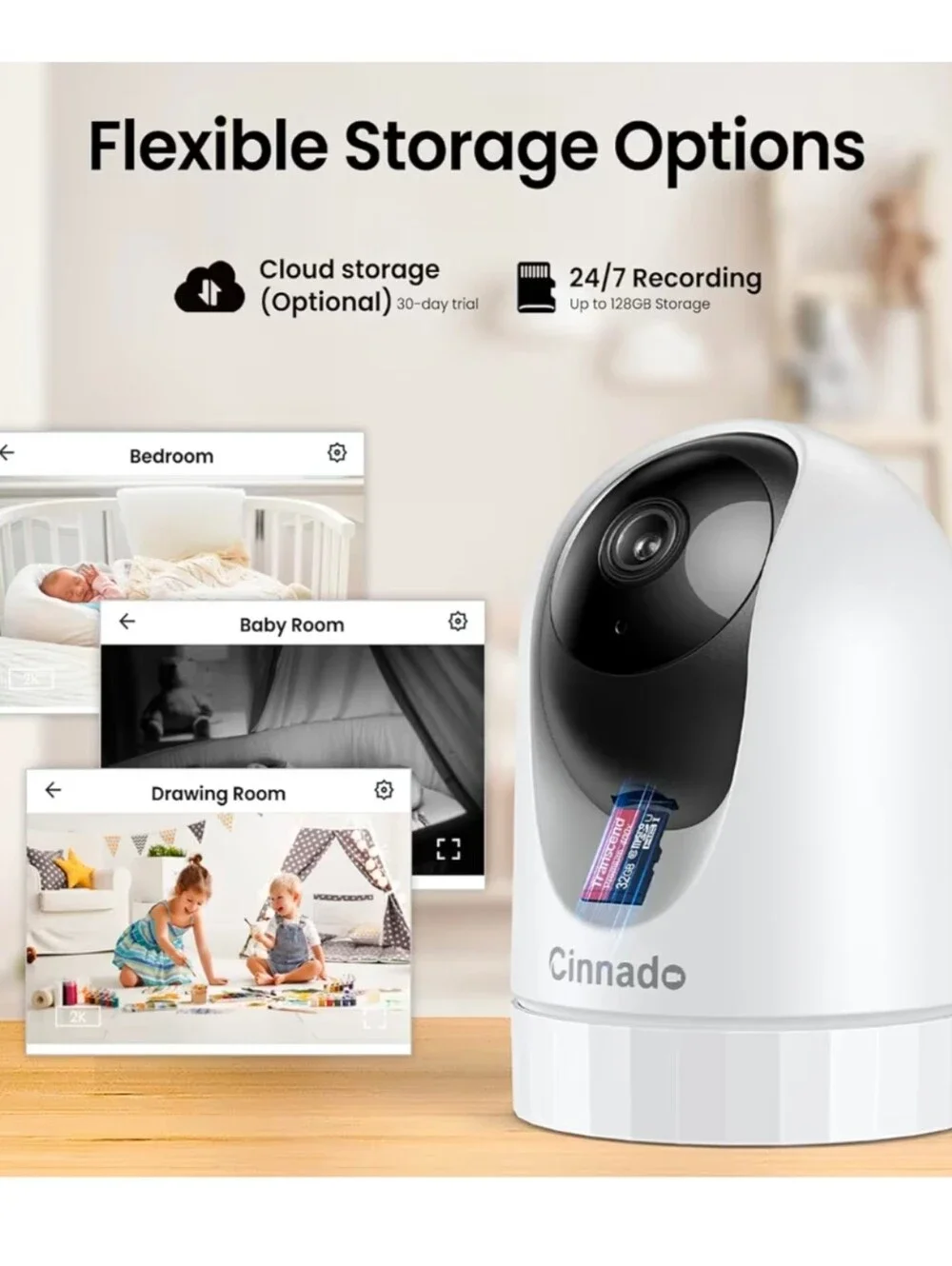 (3-Camera Bundle) Cinnado 2K Indoor Security Camera | Alexa Compatible